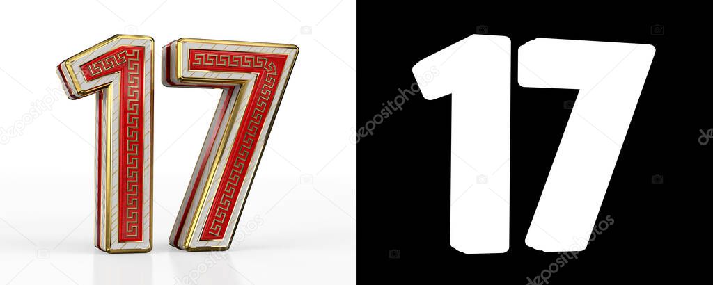 Number seventeen (number 17) with red transparent stripe on white background, with alpha channel. 3D illustration
