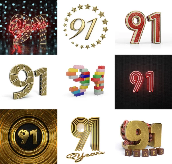 Set Ninety One Year Birthday Number Graphic Design Element Anniversary — Stock Photo, Image