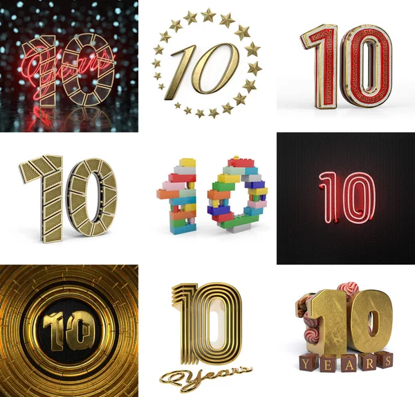 Set of ten year birthday. Number 10 graphic design element. Anniversary number template elements for your birthday party. 3D illustration