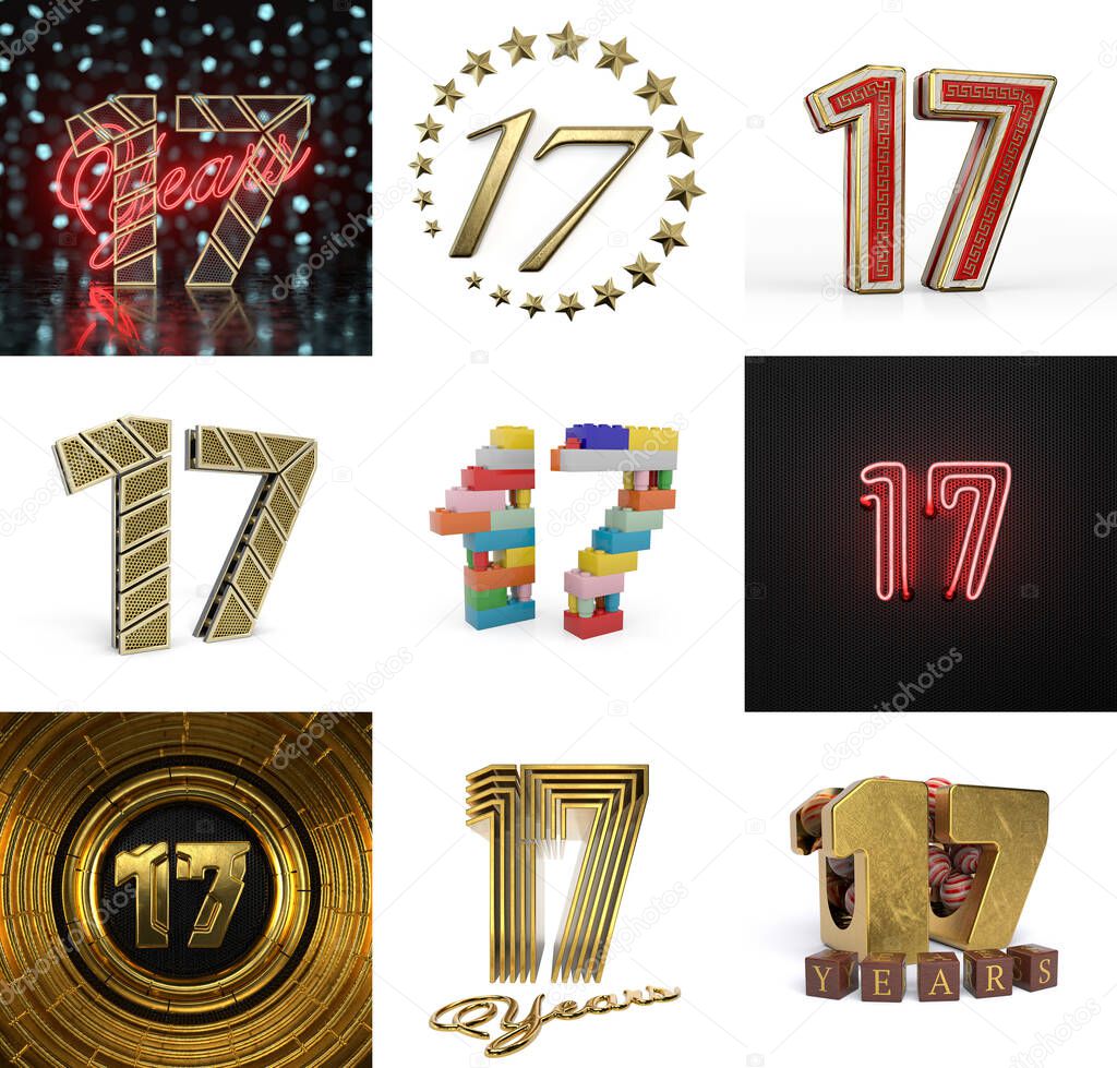 Set of seventeen year birthday. Number 17 graphic design element. Anniversary number template elements for your birthday party. 3D illustration