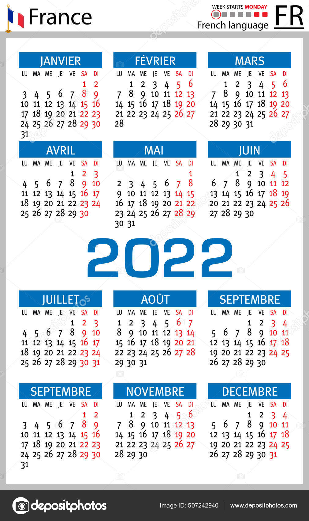 French Vertical Pocket Calendar 2022 Two Thousand Twenty Two Week Stock