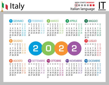 2022 için İtalyanca yatay cep takvimi (iki bin yirmi iki). Hafta pazartesi başlıyor. Yeni yıl. Basit renk tasarımı. Vektör