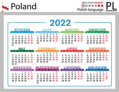 2022 için Polonya yatay cep takvimi (iki bin yirmi iki). Hafta pazartesi başlıyor. Yeni yıl. Basit renk tasarımı. Vektör
