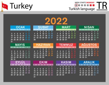 2022 için Türk yatay cep takvimi (iki bin yirmi iki). Hafta pazartesi başlıyor. Yeni yıl. Basit renk tasarımı. Vektör