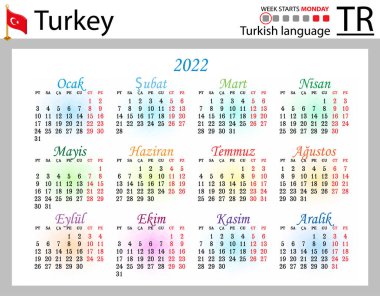 2022 için Türk yatay cep takvimi (iki bin yirmi iki). Hafta pazartesi başlıyor. Yeni yıl. Basit renk tasarımı. Vektör