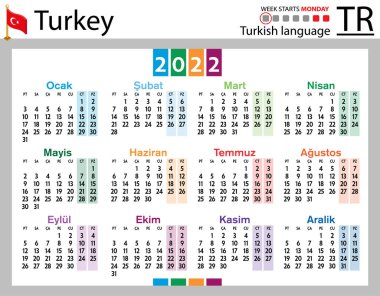 2022 için Türk yatay cep takvimi (iki bin yirmi iki). Hafta pazartesi başlıyor. Yeni yıl. Basit renk tasarımı. Vektör