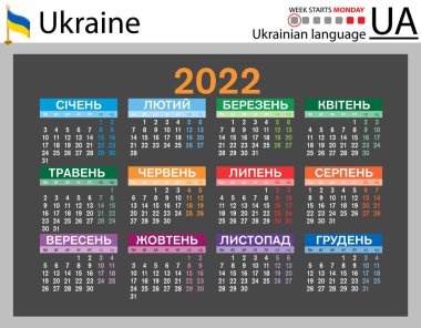 2022 için Ukrayna yatay cep takvimi (iki bin yirmi iki). Hafta pazartesi başlıyor. Yeni yıl. Basit renk tasarımı. Vektör