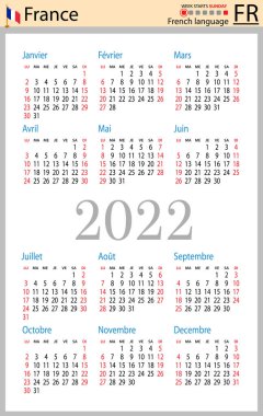 2022 için Fransız dikey cep takvimi (iki bin yirmi iki). Hafta pazar günü başlıyor. Yeni yıl. Basit renk tasarımı. Vektör
