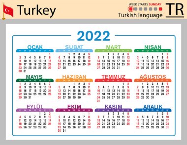 2022 için Türk yatay cep takvimi (iki bin yirmi iki). Hafta pazar günü başlıyor. Yeni yıl. Basit renk tasarımı. Vektör