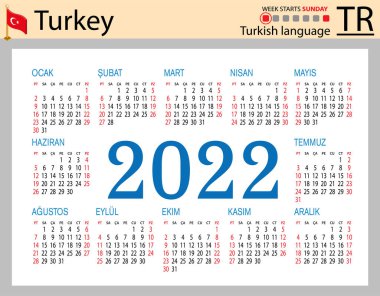 2022 için Türk yatay cep takvimi (iki bin yirmi iki). Hafta pazar günü başlıyor. Yeni yıl. Basit renk tasarımı. Vektör