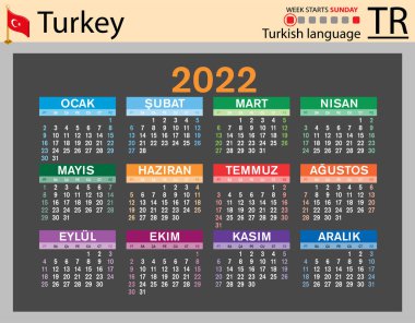 2022 için Türk yatay cep takvimi (iki bin yirmi iki). Hafta pazar günü başlıyor. Yeni yıl. Basit renk tasarımı. Vektör