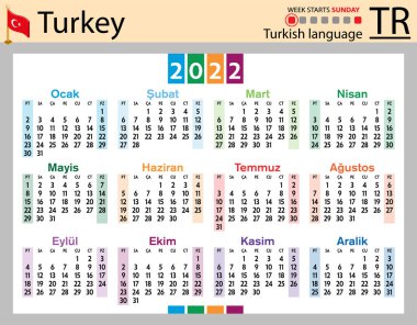 2022 için Türk yatay cep takvimi (iki bin yirmi iki). Hafta pazar günü başlıyor. Yeni yıl. Basit renk tasarımı. Vektör