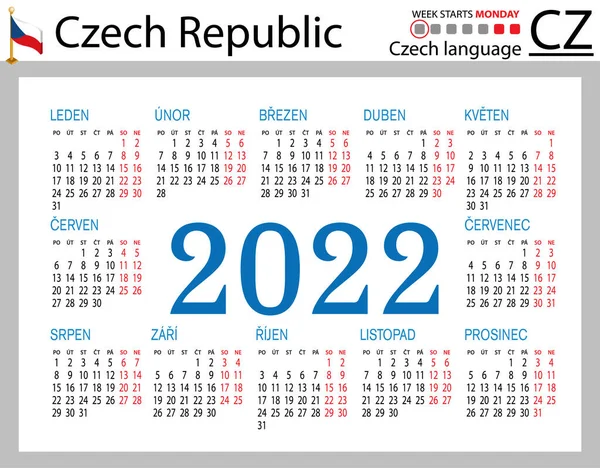 2022 için Çek yatay cep takvimi (iki bin yirmi iki). Hafta pazartesi başlıyor. Yeni yıl. Basit renk tasarımı. Vektör