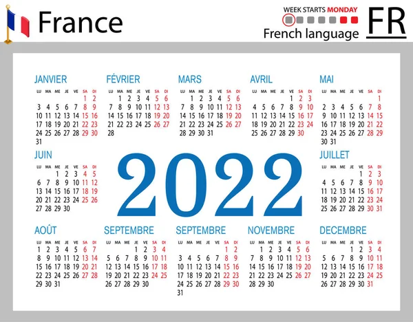 Французский Горизонтальный Карманный Календарь 2022 Год Две Тысячи Двадцать Два — стоковый вектор