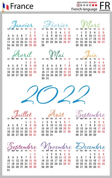 Francuski Kalendarz Kieszonkowy Rok 2022 Dwa Tysiące Dwadzieścia Dwa Tydzień — Wektor stockowy