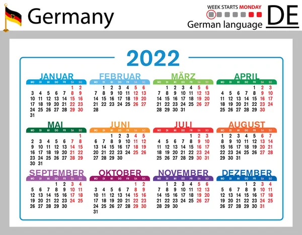 Duitse Horizontale Zakkalender Voor 2022 Tweeduizend Tweeëntwintig Week Begint Maandag — Stockvector