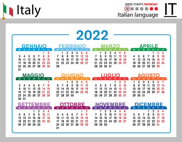 Włoski Horyzontalny Kalendarz Kieszonkowy Rok 2022 Dwa Tysiące Dwadzieścia Dwa — Wektor stockowy