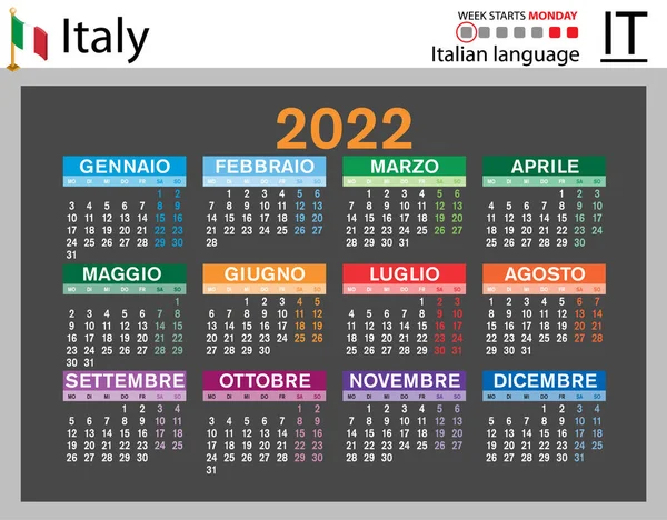 Italienischer Horizontaler Taschenkalender Für 2022 Zweitausendzweiundzwanzig Die Woche Beginnt Montag — Stockvektor