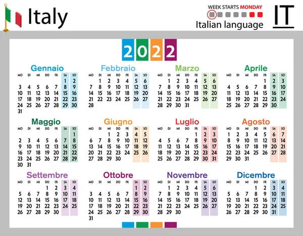 2022年のイタリアの水平ポケットカレンダー 2千22 週は月曜日から 新年だ シンプルなデザイン ベクトル — ストックベクタ