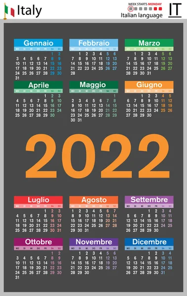 Italienischer Vertikaler Taschenkalender Für 2022 Zweitausendundzwanzig Die Woche Beginnt Montag — Stockvektor