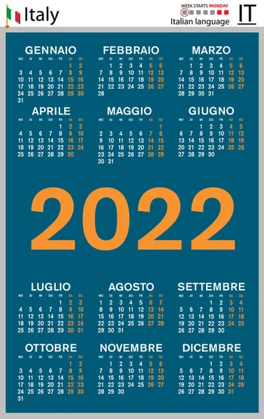 Calendario Tascabile Verticale Italiano 2022 Duemiladue Settimana Inizia Lunedì Anno — Vettoriale Stock