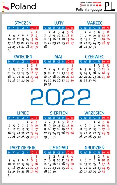 Calendário Bolso Vertical Polonês Para 2022 Dois Mil Vinte Dois — Vetor de Stock