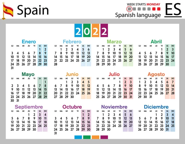 2022 için İspanyol yatay cep takvimi (2.000 22). Hafta pazartesi başlıyor. Yeni yıl. Basit renk tasarımı. Vektör