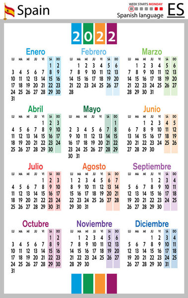 Spanish vertical pocket calendar for 2022 (two thousand twenty two). Week starts Monday. New year. Color simple design. Vector