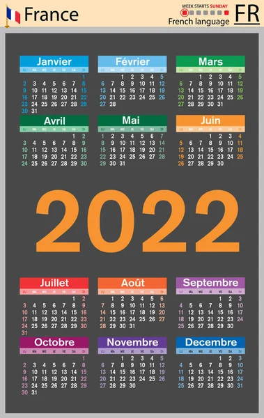 Французский Вертикальный Карманный Календарь 2022 Год Две Тысячи Двадцать Два — стоковый вектор