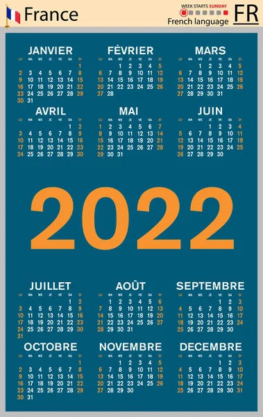 2022年法国立式袖珍日历 2222年 周开始周日 色彩简洁的设计 — 图库矢量图片