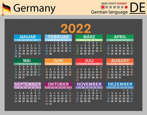Duitse Horizontale Zakkalender Voor 2022 Tweeduizend Tweeëntwintig Week Begint Zondag — Stockvector