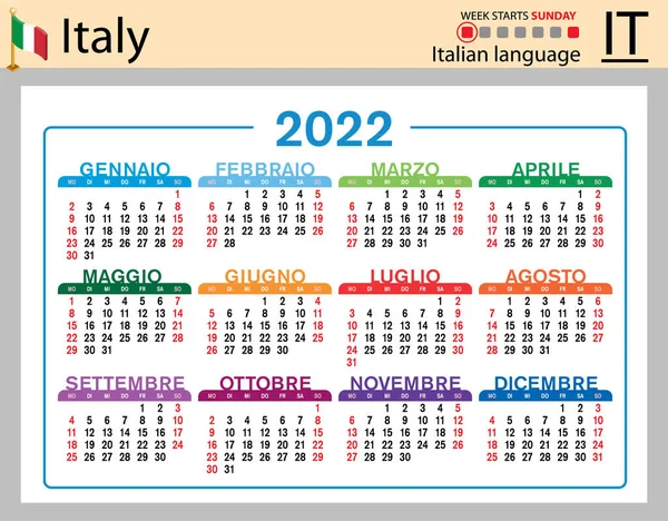 Italienischer Horizontaler Taschenkalender Für 2022 Zweitausendzweiundzwanzig Die Woche Beginnt Sonntag — Stockvektor