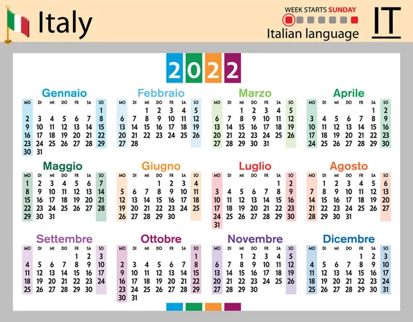 Italienischer Horizontaler Taschenkalender Für 2022 Zweitausendzweiundzwanzig Die Woche Beginnt Sonntag — Stockvektor