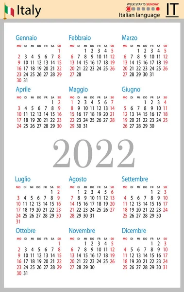 Calendario Tascabile Verticale Italiano 2022 Duemiladue Settimana Inizia Domenica Anno — Vettoriale Stock