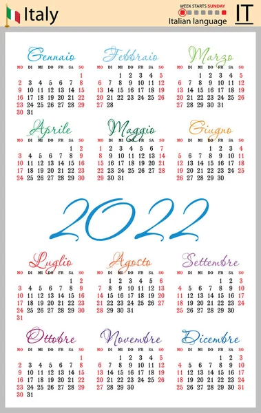 Calendario Bolsillo Vertical Italiano Para 2022 Dos Mil Veintidós Semana — Archivo Imágenes Vectoriales