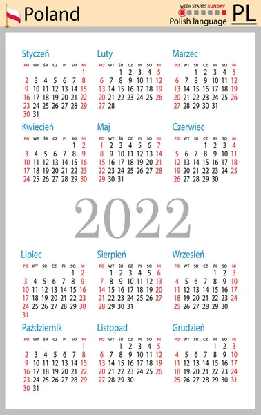 Polski Kalendarz Kieszonkowy 2022 Rok Dwa Tysiące Dwadzieścia Dwa Tydzień — Wektor stockowy