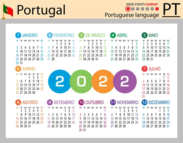 2022 Için Portekiz Yatay Cep Takvimi Iki Bin Yirmi Iki — Stok Vektör