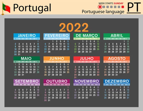 2022 Için Portekiz Yatay Cep Takvimi Iki Bin Yirmi Iki — Stok Vektör
