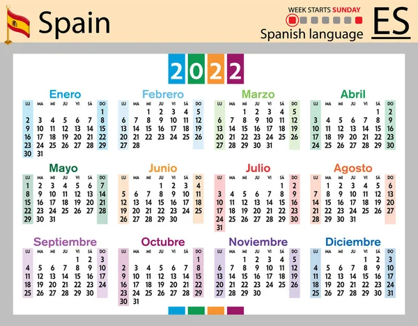 2022 için İspanyol yatay cep takvimi (2.000 22). Hafta pazar günü başlıyor. Yeni yıl. Basit renk tasarımı. Vektör