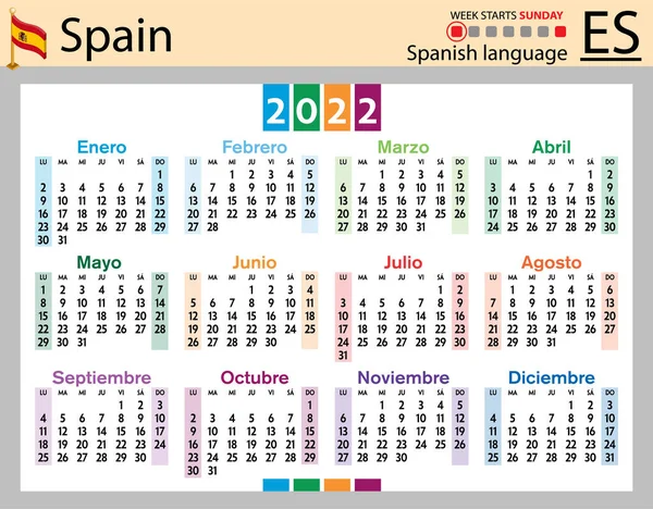 Španělský Horizontální Kapesní Kalendář Rok 2022 Dva Tisíce Dvacet Dva — Stockový vektor