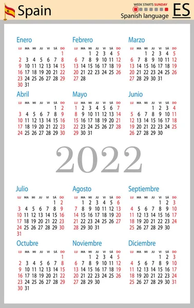 Hiszpański Kalendarz Kieszonkowy 2022 Rok Dwa Tysiące Dwadzieścia Dwa Tydzień — Wektor stockowy