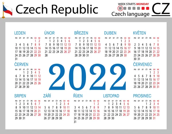 Tjeckiska Horisontella Fickkalendern För 2022 Tvåtusen Tjugotvå Veckan Börjar Måndag — Stock vektor