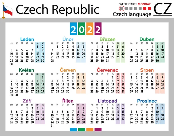 捷克2022年水平口袋日历 2000年22日 周开始星期一 色彩简洁的设计 — 图库矢量图片#