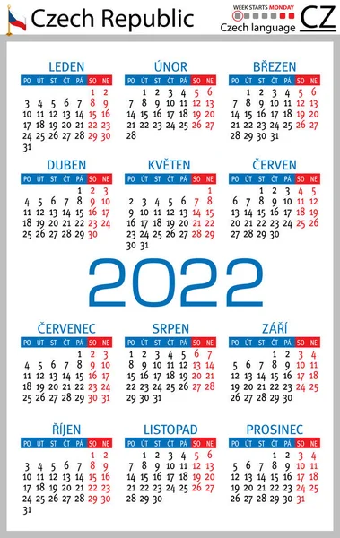 2022年捷克立式袖珍日历 2222年 周开始星期一 色彩简洁的设计 — 图库矢量图片#