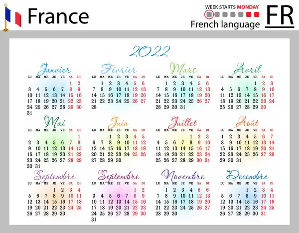 2022年法国横向袖珍日历 2222年 周开始星期一 色彩简洁的设计 — 图库矢量图片#