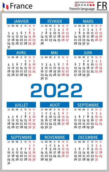 2022年法国立式袖珍日历 2222年 周开始星期一 色彩简洁的设计 — 图库矢量图片#