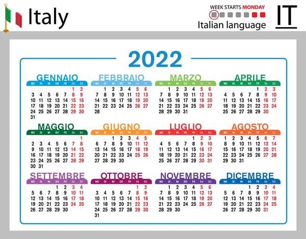 Italiaanse Horizontale Zakkalender Voor 2022 Tweeduizend Tweeëntwintig Week Begint Maandag — Stockvector