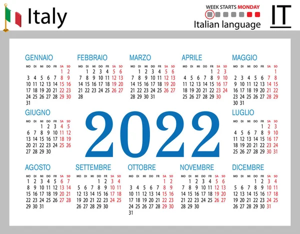 Italiaanse Horizontale Zakkalender Voor 2022 Tweeduizend Tweeëntwintig Week Begint Maandag — Stockvector