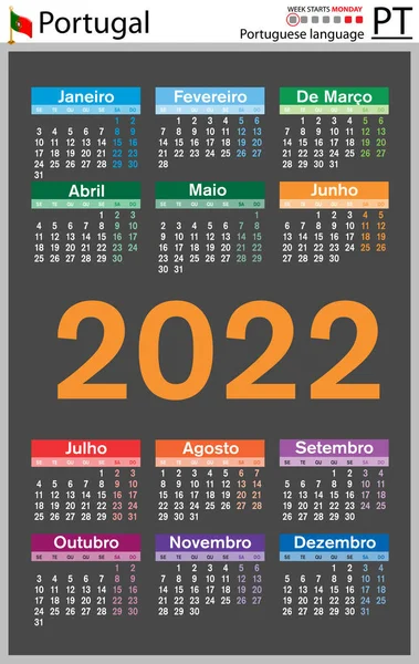 2022年葡萄牙立式袖珍日历 2222年 周开始星期一 色彩简洁的设计 — 图库矢量图片#