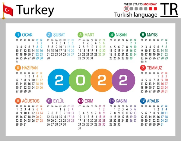 2022年土耳其水平口袋日历 2222年 周开始星期一 色彩简洁的设计 — 图库矢量图片#